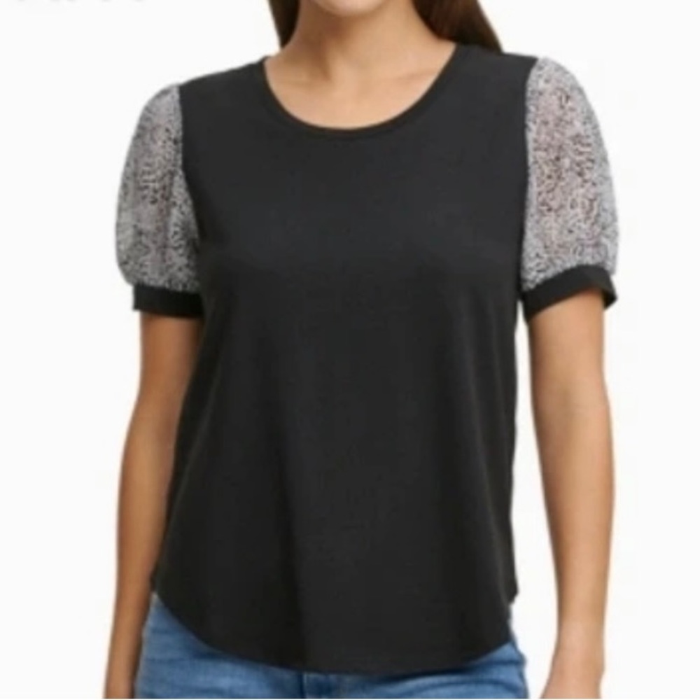 DKNY Animal Print Black / White Mixed Media Puff Sleeve Top Sz XL Nordstrom